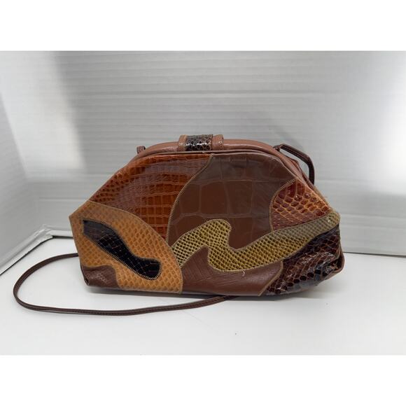 Vintage Retro 70s Glam PALIZZIO Brown Reptile Skin Patchwork Handbag - Picture 6 of 8